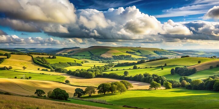 scenic view of British countryside with rolling hills and fluffy clouds