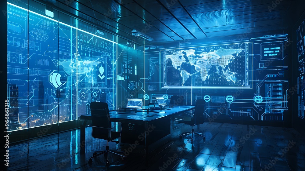 Poster futuristic control room with a large screen displaying a global map and various data visualizations 
