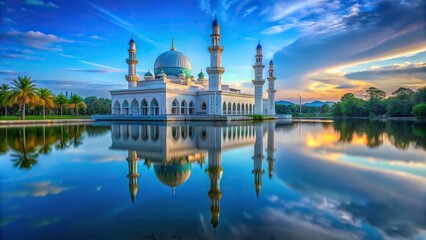 Naklejka premium Scenic view of crystal clear blue stream in front of mosque