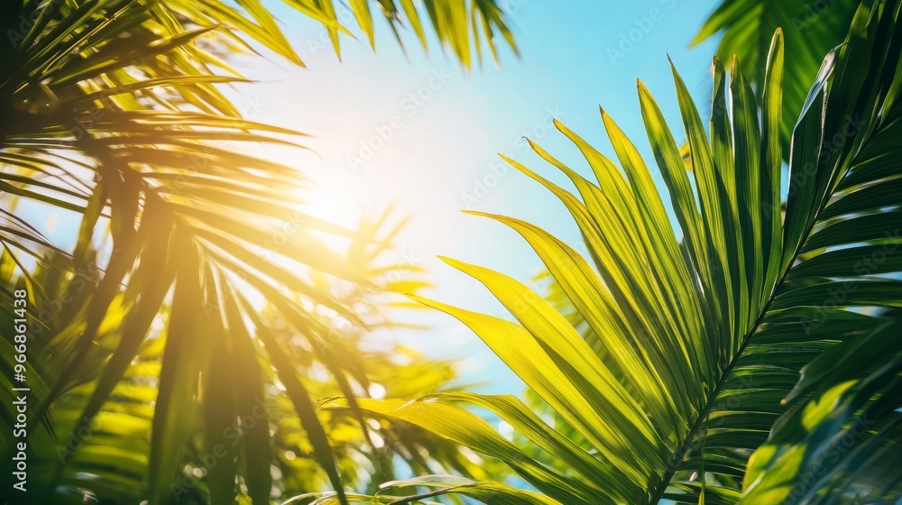 Aufkleber sunlight streams through vibrant green palm tree leaves, creating a beautiful dappled effect on a br