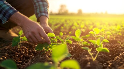 A farmer is crouching down in a sunlit field, closely examining the young soybean plants while ensuring their healthy growth during the day