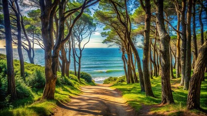 Obraz premium Scenic view of forest with path leading to the ocean, depth of field effect