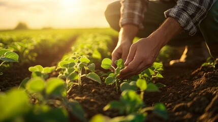 A farmer crouches down in a sunlit field, closely examining young soybean plants as he tends to his crops during the growing season