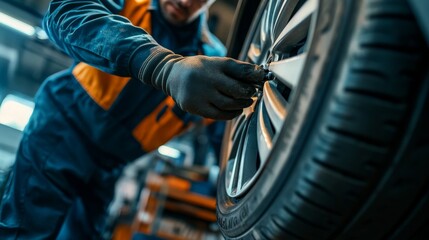 A mechanic in work attire focuses intently on fixing a car tire in an automotive shop. The low angle emphasizes the effort and precision involved in the task