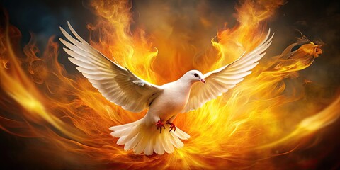 Vibrant orange and yellow flames engulf a delicate dove, symbolizing the powerful, yet gentle, presence of the Holy Spirit in a serene, misty atmosphere.
