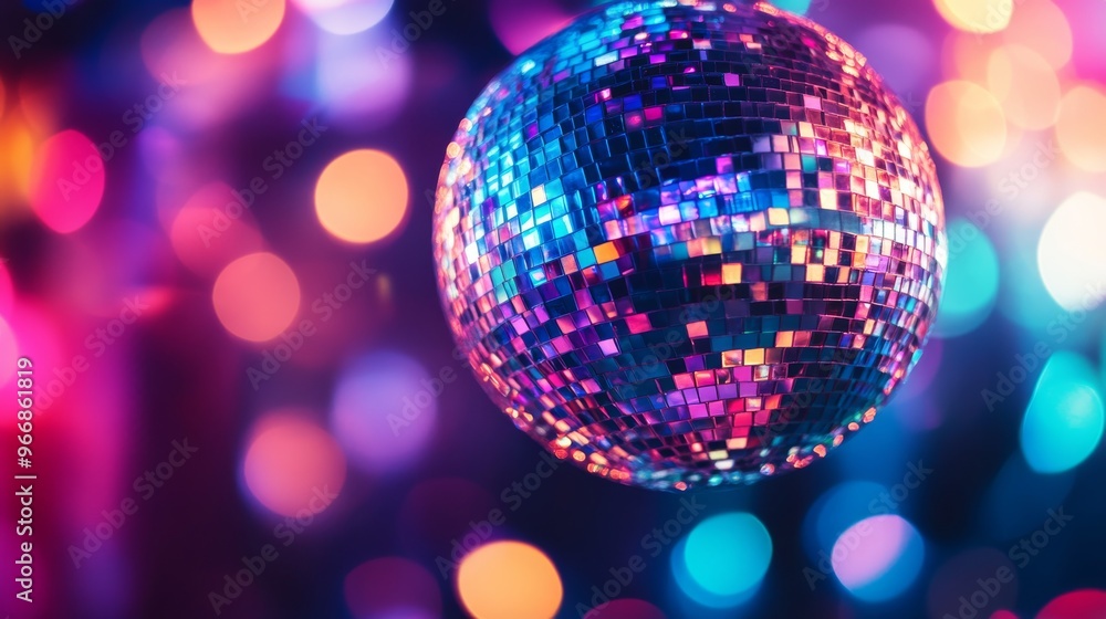 Poster a shimmering disco ball spins as vibrant lights dance around it, creating a captivating display of r