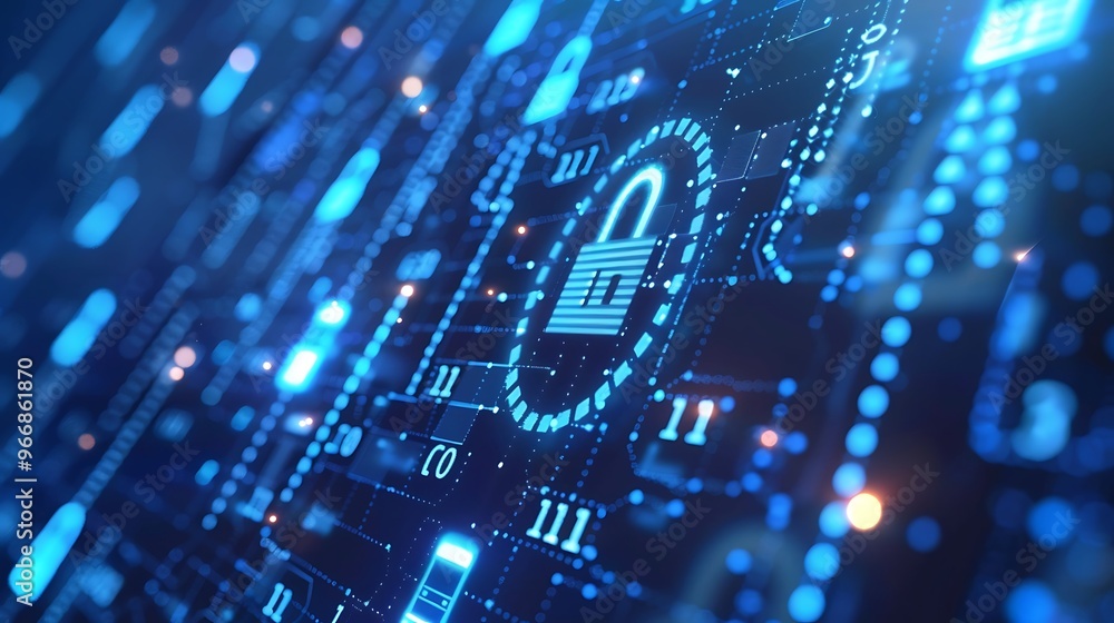 Poster digital lock symbol glowing on a blue background with abstract digital patterns, representing cyber 