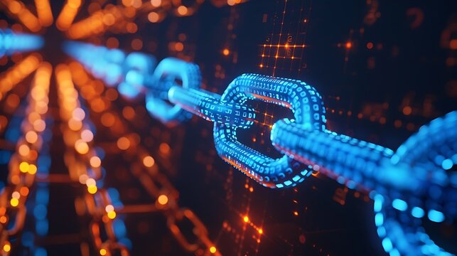 3D digital rendering of glowing blue chain with interlinked segments for representing secure connection data integrity decentralized system and blockchain technology concept.