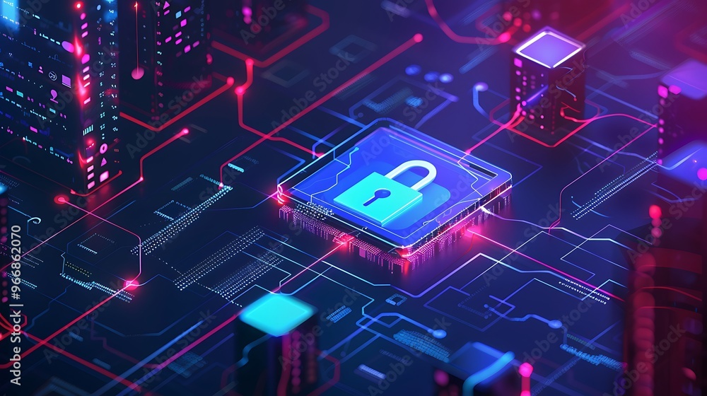 Aufkleber digital lock symbolizes the protection of data and information in the cyber world, with circuits and