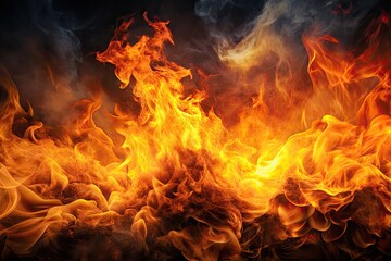 Fototapeta premium Vibrant orange flames engulf a dark, misty abyss, creating a dramatic, high-contrast background with intense warmth and dynamic movement, ideal for bold, attention-grabbing designs.