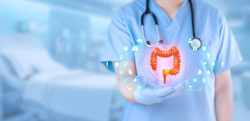 Gastroenterologist examines large intestine with cancerous tissue. Colorectal cancer concept....