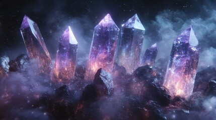 Glowing Purple Crystals Emerging from a Misty Landscape