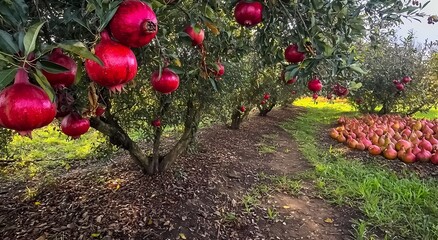 Lush pomegranate orchard with vibrant red fruits ready for harvest.