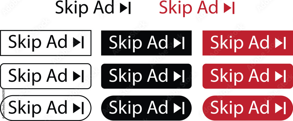 Poster set of skip ad buttons icons in black, red line and flat styles. skip advertisement png button for w