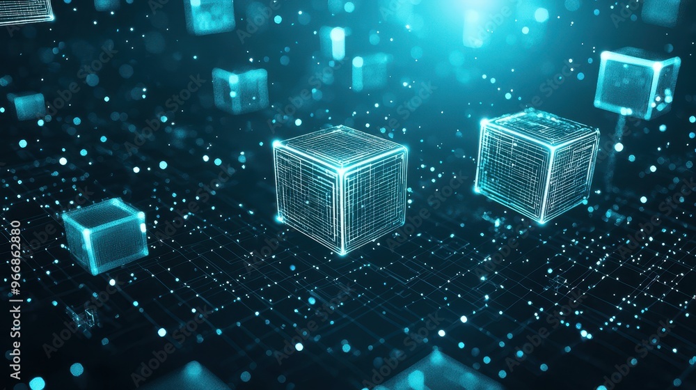 Poster abstract digital cubes with network connections and glowing particles