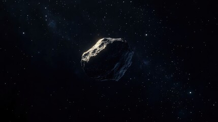 Lonely Asteroid: A single, rugged asteroid floating through the dark expanse of space, illuminated by distant starlight with generative ai