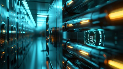 Futuristic server room with glowing lights and a digital display. The room is filled with rows of servers and cables. The image is a representation of the power and complexity of modern technology.