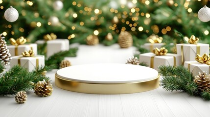 Christmas Product Display Mockup with Golden Podium and Pine Branches