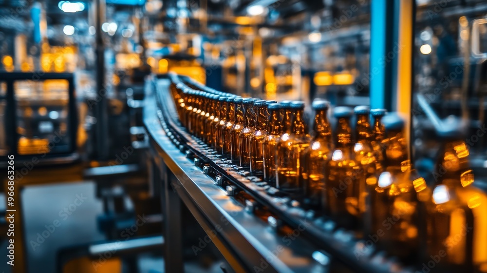 Poster beverage bottles move smoothly along a conveyor belt in a factory, showcasing an efficient productio