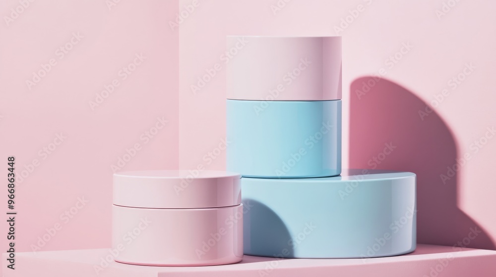 Poster pastel-colored cosmetic containers are arranged neatly, showcasing the soft pink and blue hues again