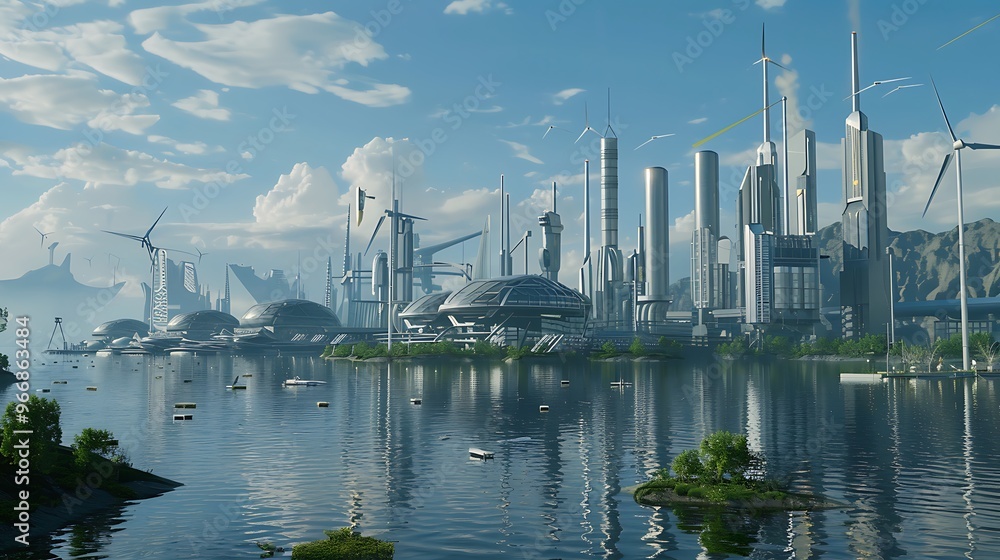 Poster futuristic city with towering skyscrapers and modern architecture reflects in the calm waters of a b
