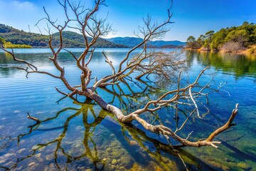 Scenic view of tree branches emerging from lake surface at Tsivlos Point of View