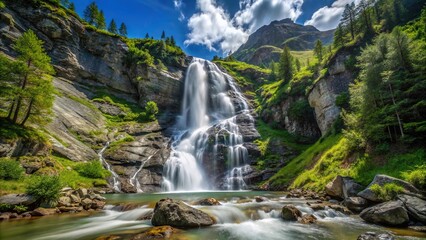 Scenic view of waterfall from a low angle perspective in the Bavona Swiss Alpine Valley