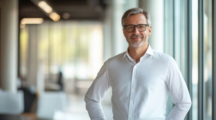 Fototapeta premium A midaged businessman poses confidently in a contemporary office, showcasing a relaxed posture and a friendly smile, illuminated by natural daylight streaming through large windows