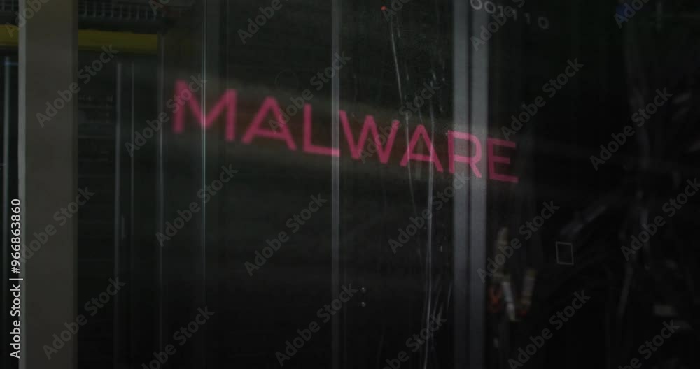 Poster animation of malware text over data processing and server room