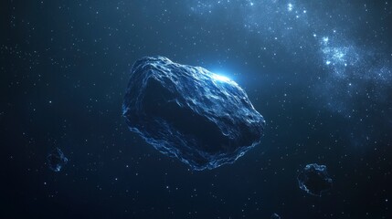Obraz premium Lonely Asteroid: A single, rugged asteroid floating through the dark expanse of space, illuminated by distant starlight with generative ai