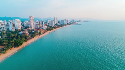 Obraz premium Aerial view of a serene beachside skyline, showcasing the calm turquoise sea and modern buildings under a clear sky.