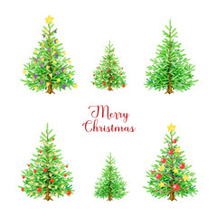 Christmas tree illustration set. Hand drawn vintage style evergreen fir tree collection with festive bright decoration. Winter holidays tree festive traditional decor element on white background