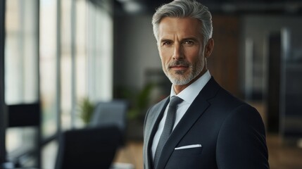 Fototapeta premium A mature businessman stands confidently in a modern office, dressed in a tailored suit. Natural light floods the space, highlighting his professional demeanor and posture