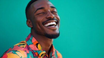 A stylish man with a radiant smile enjoys the moment in bright clothing, positioned against a vivid green background, exuding positivity and confidence