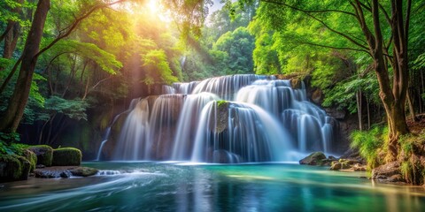 Scenic waterfall in forest at sunrise