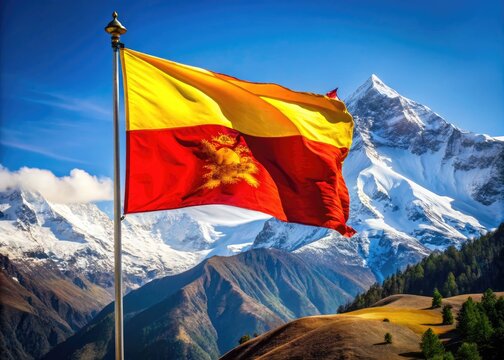 Vibrant red and yellow Bhutanese flag waving gently in the wind against a bright blue sky with snow-capped Himalayan mountains in the background.