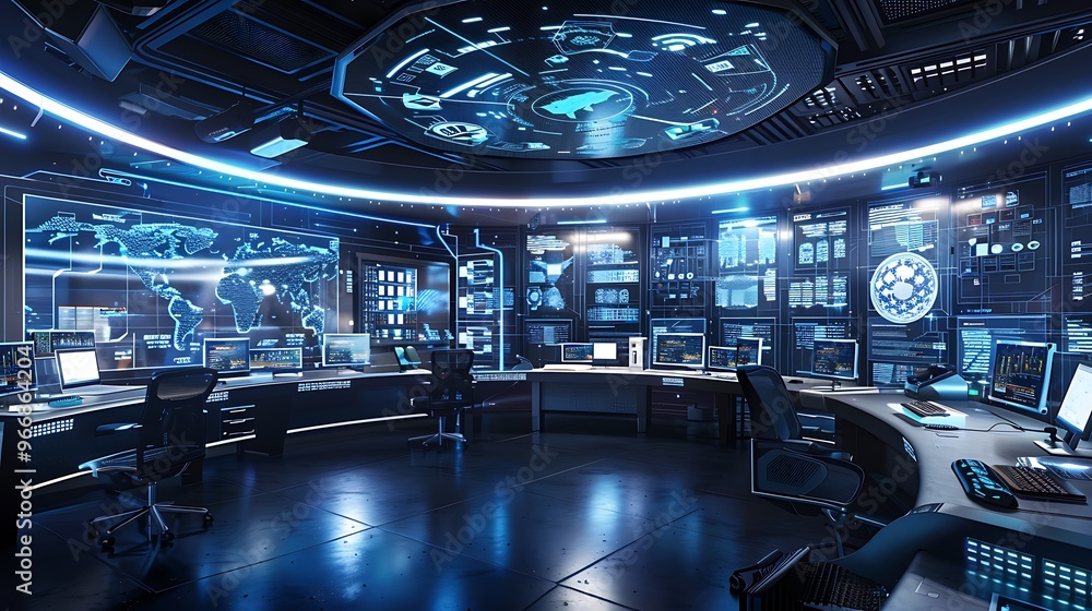 Poster futuristic control room with multiple screens displaying data and information. the room is dimly lit