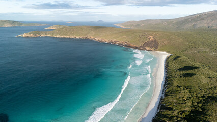 Drone view of white sand beach in Esperance, Western Australia