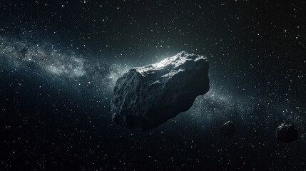 Lonely Asteroid: A single, rugged asteroid floating through the dark expanse of space, illuminated by distant starlight with generative ai