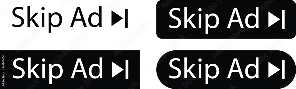 Poster set of skip ad buttons icons in trendy black flat styles. skip advertisement png buttons for website
