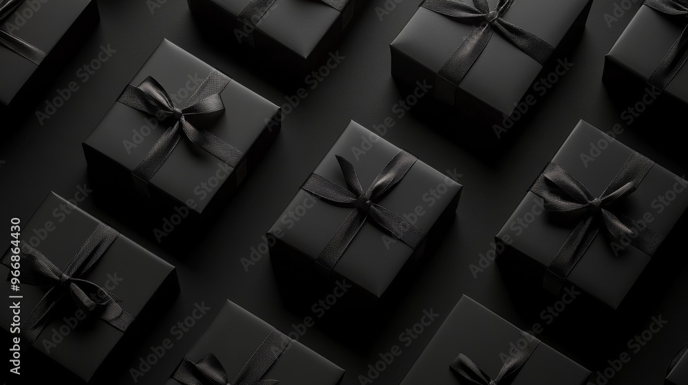 Poster several black gift boxes are arranged neatly on a matte black surface, each tied with a sleek black 