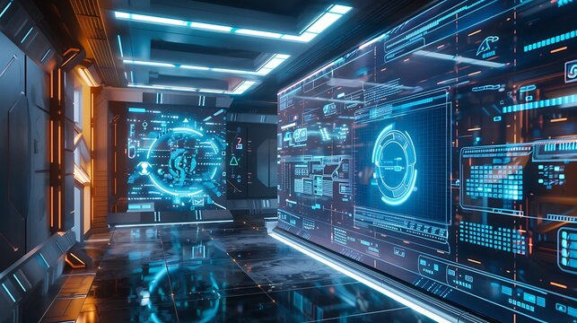 Futuristic interior design with holographic displays showing digital information and data on large glass panels.