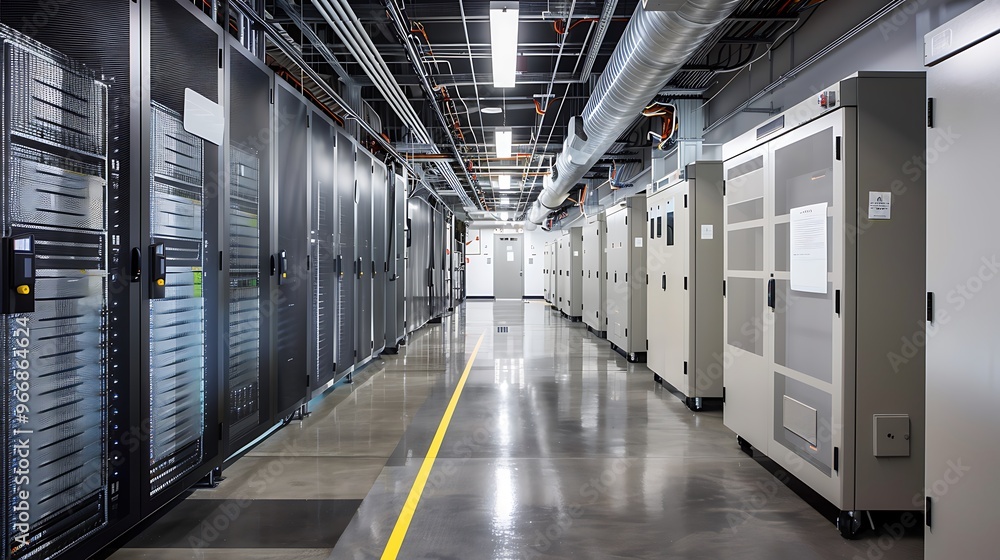 Poster corridor inside a server room with rows of server racks and other networking equipment on either sid