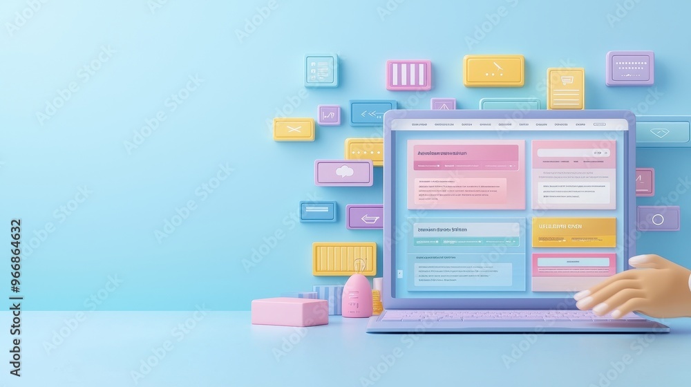 Poster d render of a laptop with colorful icons and a hand typing on the keyboard