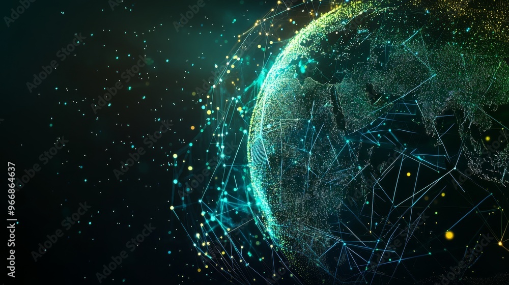 Poster a globe made of intricate digital lines and geometric shapes bursts with bright blue and green light