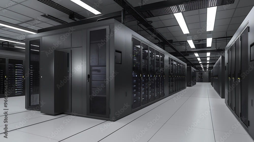 Poster server room rows of server racks infrastructure neatly arranged computing data representation of mod