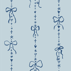Seamless pattern with doodle bow knots, gift ribbons. Trendy vertical stripe Christmas background. Hand drawn vector illustration. Minimalist tattoo sketch, coquette core. 