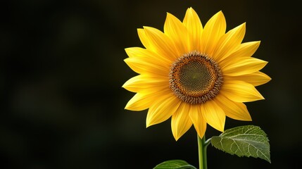 Single Sunflower Blooming on Black Background