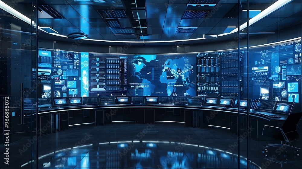 Poster futuristic control room interior with multiple screens displaying data and information. the room is 
