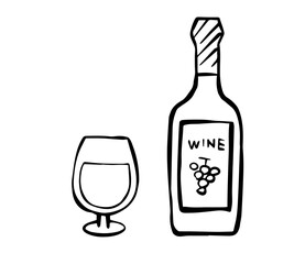筆書き　ワインボトルとグラス　線画イラスト

